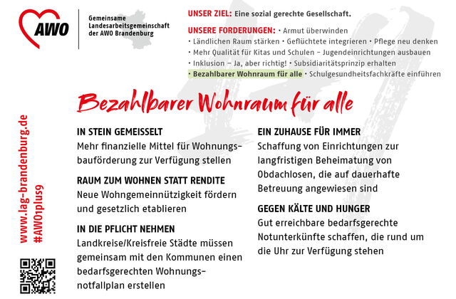 Plakat. Text: In Stein gemeißelt: Mehr finanzielle Mittel für Wohnungsbauförderung zur Verfügung stellen | Raum zum Wohnen statt Rendite: Neue Wohngemeinnützigkeit fördern und gesetzlich etablieren | uvm.