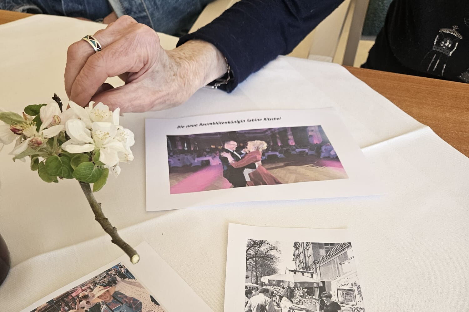 Ausdrucke von Fotos liegen auf einen Tisch mit weißer Tischdecke, Eine Hand hält einen Zweig mit Kirschblüten über den Bildern.
