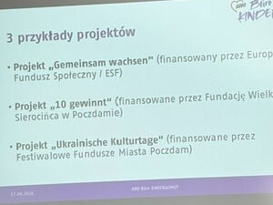 An der Wand eine Präsentation. Zwei Frauen sitzen mit Laptops vor der Wand.