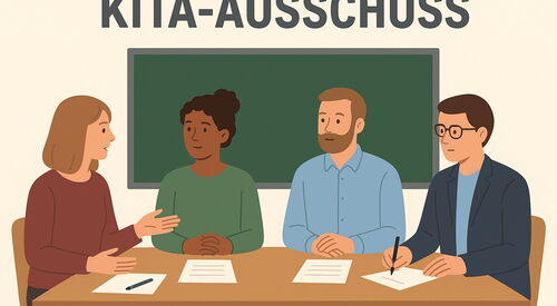 KI erzeugtes Comic-Bild: 4 Menschen. 2 Frauen, 2 Männer sitzen an einem Tisch.