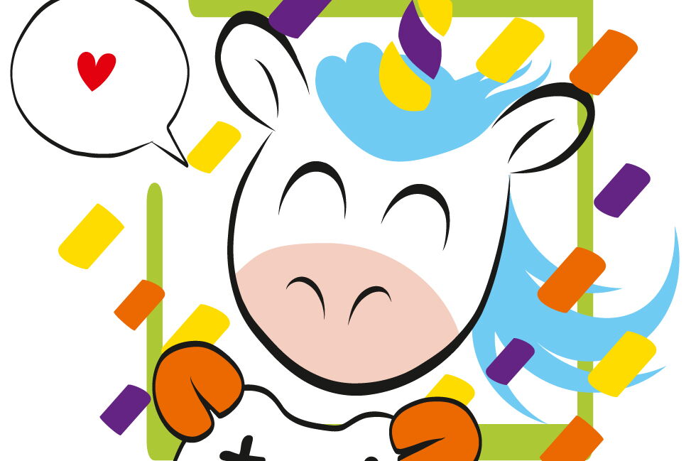 Das Gesicht von einem Comic-Einhorn. Es hält einen Controller und neben dem Kopf eine Sprechblase mit einem roten Herz