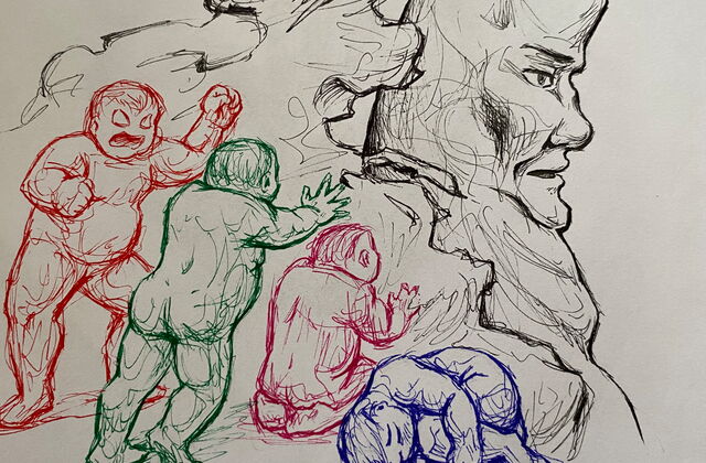 Eine Bleichstiftskizze einer Figur in Zigarettenform, vor der verschiedene weitere Figuren stehen, die gegen diese ankämpfen