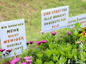 Blumenrabatte. Hinter die Blumen wurden drei der Protestplakate gesteckt.