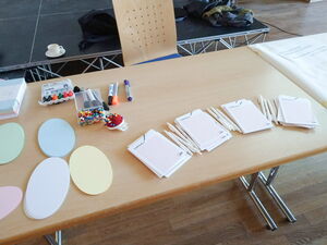 Ein Tisch mit Notizblöcken, Kugelschreiber, ovale farbige Moderationskarten, Edding und Nadeln.