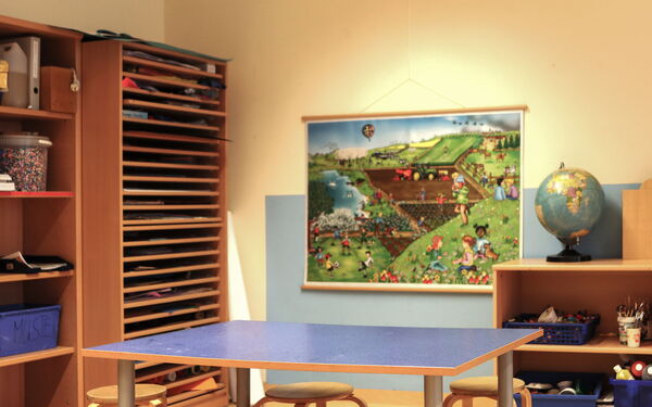Ein Raum mit hohen Regalen an der linken Wand. Ein Tisch und drei Hocker. Buntes Bild mit spielenden Kindern auf einer Wiese an der Wand.