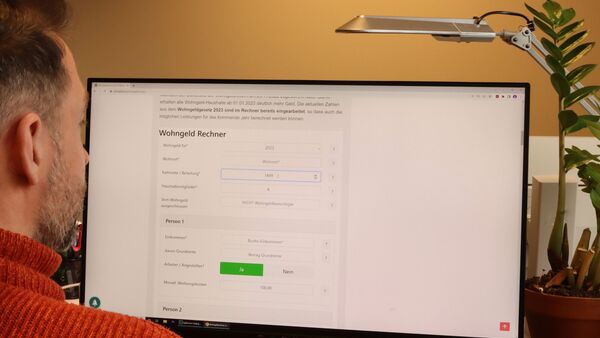 Es ist ein Mann von hinten zu sehen, der vor einem Monitor sitzt und die Seite des Wohngeldrechners aufgerufen hat.