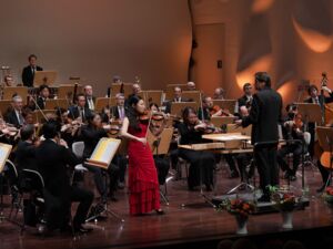 Hier sehen sie ein Orchester mit einer Frau im roten Kleid mit einer Geige