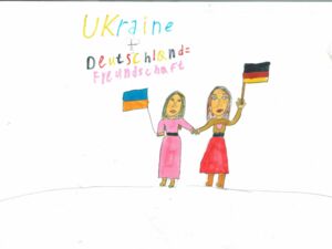 Hier sehen sie ein Bild, gemalt von einem ukrainischen Kind zum Thema Ukraine-Krieg