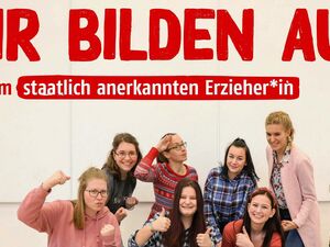 Text: WIR BILDEN AUS zum staatlich anerkannten Erzieher - Acht junge Menschen in motovierten kraftvollen Posen.