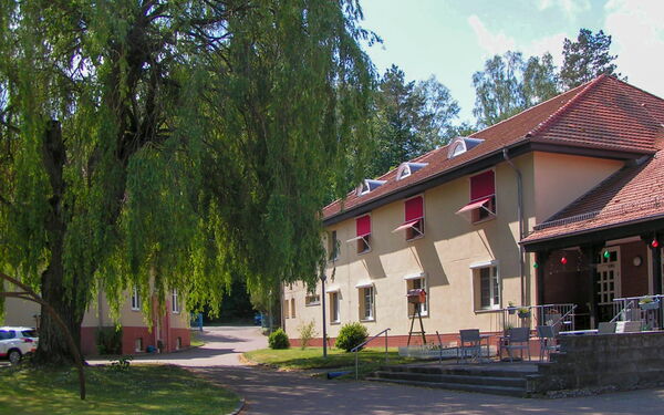 Große Weide links im Bild. Rechts ein Wohnhaus mit einer kleinen Terrasse auf der Stühle stehen.