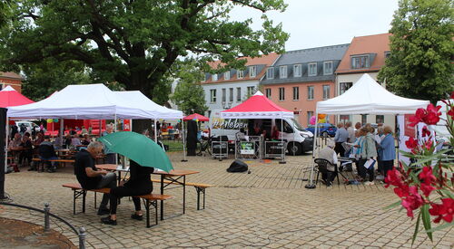 Platz mit Ständen, Pavillons und Biertischgarnituren.