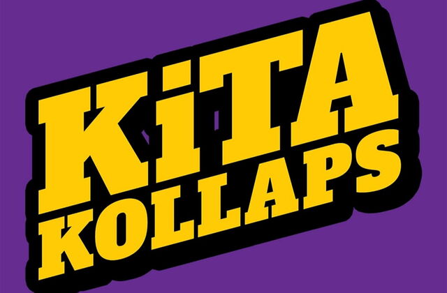 Logo: Lila Hintergrund gelbe dicke Schrift. Text: Kitakollaps