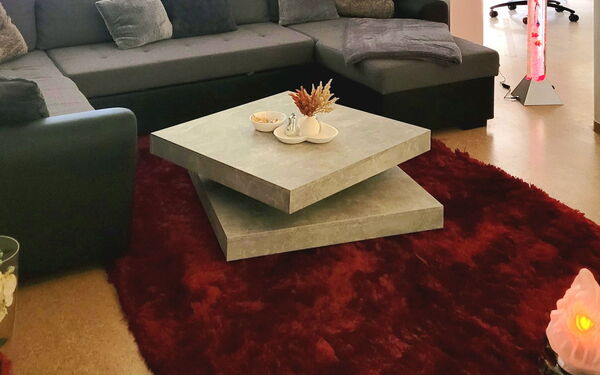 Heller großer Wohnbereich. Graues großes Ecksofa, Grünpflanze dahinter. Moderner Steintisch auf dunkelrotem Flausch-Sofa.
