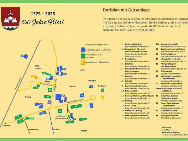Ein Dorfplan mit Gutsanlage. Ein Plan mit Straßen und Gebäuden. Rechts die Legende um welche Gebäude es sich handelt.