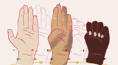 Grafik: 3 Hände in unterschiedlichen Hautfarben. Eine Handbewegung wird symbolisiert. Offene flache Hand, Dauen wird eingenommen, Hand schließt sich zur Faust.