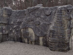 Boulderwand aus Stein auf Steinuntergrund vor Wald