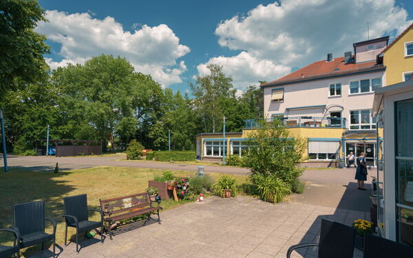 Außenbereich. Wiese, Pflanzen. Weiter hinten Bäume. Haus rechts im Bild.