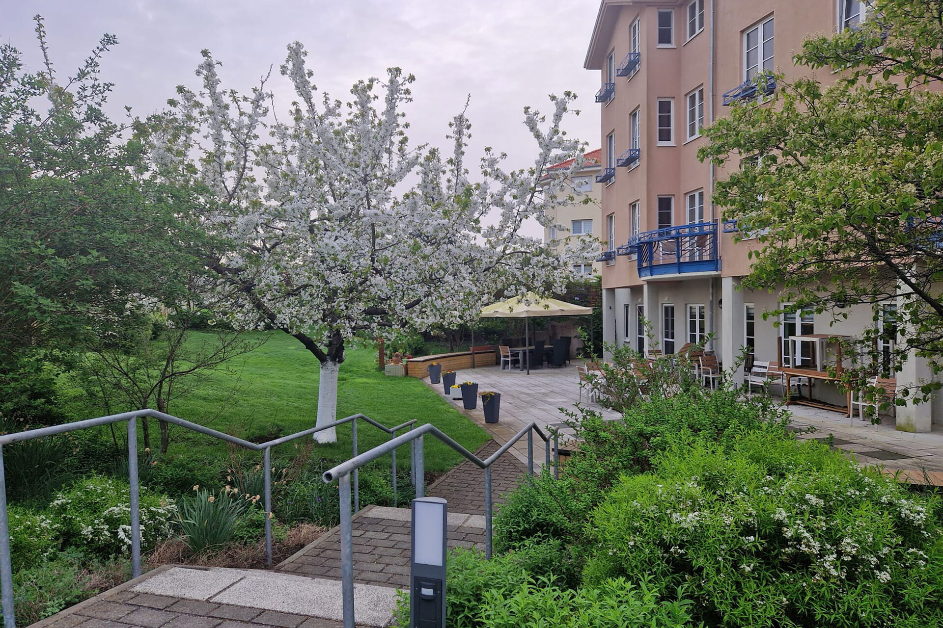 Eine Treppe führt zur großen Terrasse. Viel Grün, Büsche, Bäume, Rasen.