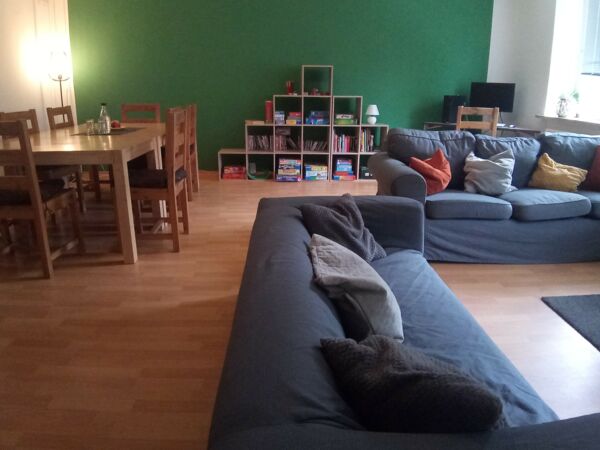 Ein Zimmer mit einer Couch, einem Esstisch und einem Regal