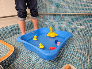 blaues Kleinkindbecken in gefliestem Großbecken. Im Becken schwimmen gelbe Enten.