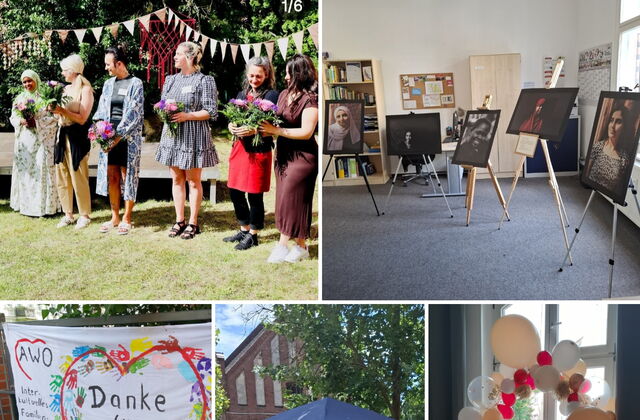 eine Fotocollage mit Eindrücken der Jubiläumsfeier. Links oben sind die Mitarbeiterinnen des Familiencafés mit Blumen in der Hand abgebildet.