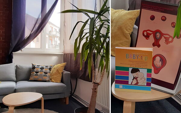 Collage: 2 Bilder. Gemütliche Sitzecke mit Couch, kleinem Holztisch und einer kleinen Palme, 2. Bild Nahaufnahme vom Tisch auf dem ein kleines Buch steht.