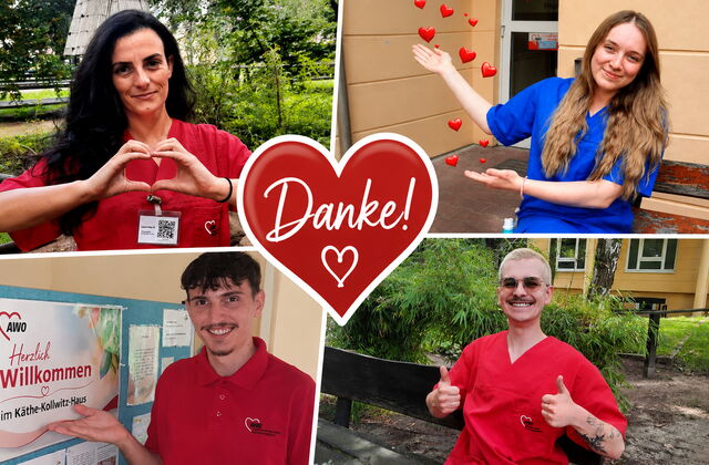 Collage, 4 Fotos von 4 Mitarbeitenden mit guter Laune. Oben 2 Frauen, unten 2 Männer. In der Mitte ein großes Herz darin das Wort: Danke