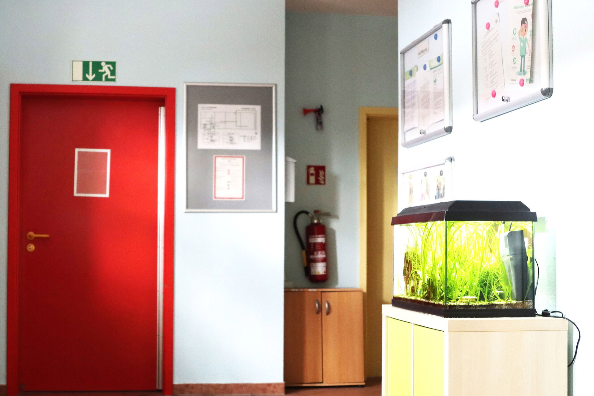 Ein Flur mit einer roten Tür. Über der Tür das grüne Notausgang-Zeichen. Ein Schränkchen mit einem Aquarium darauf. Über einem anderen Schränkchen in einer Ecke rechts von der roten Tür ist ein Feuerlöcher angebracht.