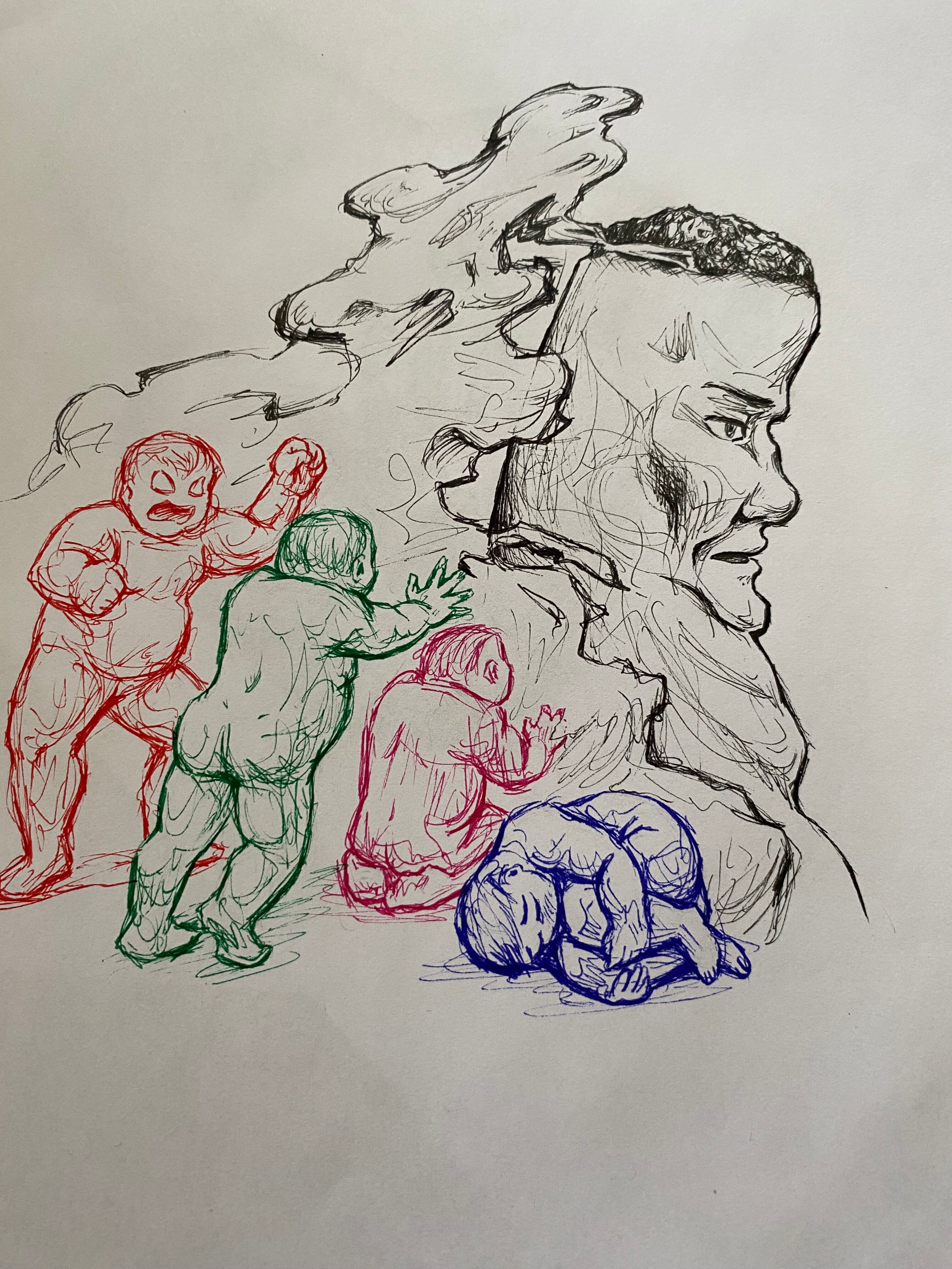 Eine Bleichstiftskizze einer Figur in Zigarettenform, vor der verschiedene weitere Figuren stehen, die gegen diese ankämpfen