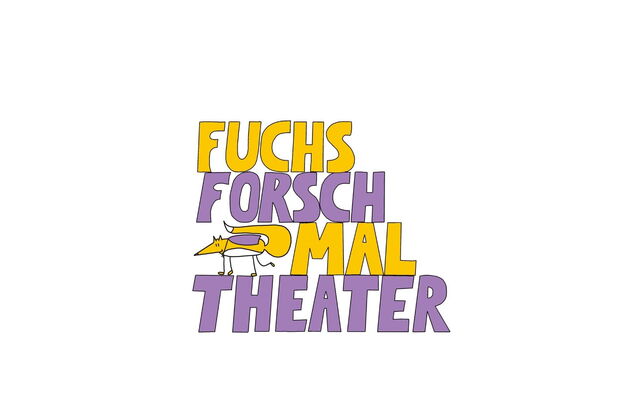 Logo: gelbe und lila Schrift: Fuchs Forsch Mal Theater       Wörter stehen untereinander. Ein gezeichneter Fuchs läuft über die Buchstaben T-H.