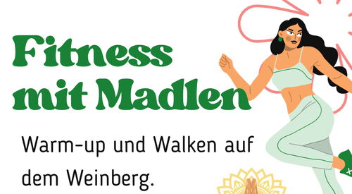 grafisch gestaltete Frau im Fitnessdress oben recht und unten links. In der Mitte ein Grafik, bei der eine Frau im Grünen spazieren geht, dazu Angaben zum Ort und der Zeit für das Fitnessangebot