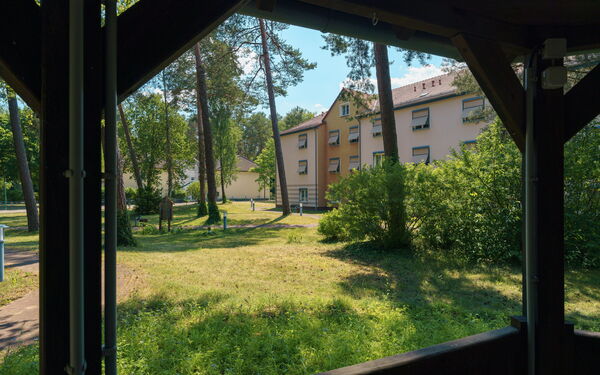 Blick aus einem Holzpavillon auf Wiese, Bäume und ein Wohnhaus.
