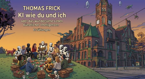 Grafik. Menschen und Roboter sitzen im Kreis beim Picknick. Roboter liest aus einem Buch vor. Rechts daneben das imposante Rathaus Babelsberg.
