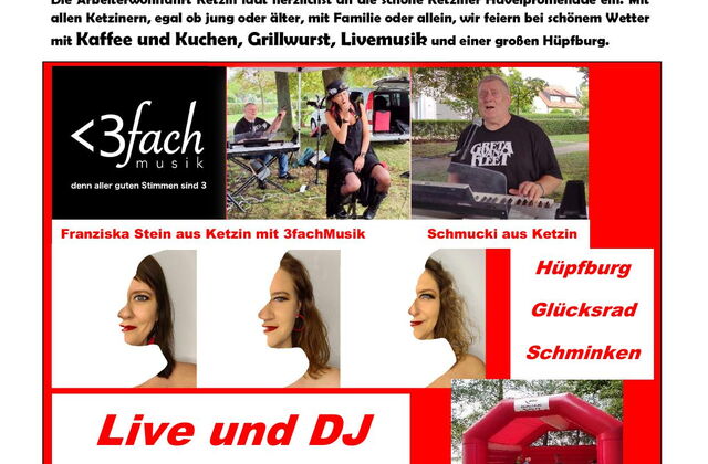 Plakat: AWO Sommerfest 18.08.24 ab 14 Uhr Havelpromenade im schönen Ketzin. Franziska Stein aus Ketzin mit 3fachMusik, Hüpfburg, Glücksrad, Schminken. Live und DJ. Familienfreundlich.