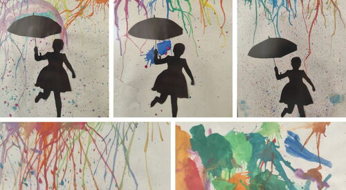 Collage 8 Kinderzeichnungen: Mary Poppins: Frau mit Regenschirm fliegt. Bunte Farbkleckse um sie rum.