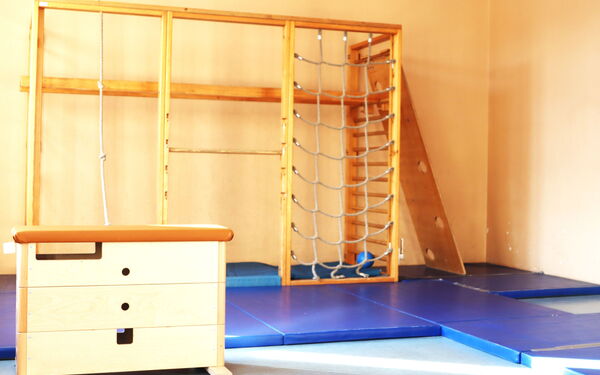 Sportraum. Klettergeräte, aus Holz nehmen einen großen Teil der Wand ein. Es gibt auch ein Kletternetz und eine Holzleiter. Der Boden ist mit blauen Matte bedeckt.