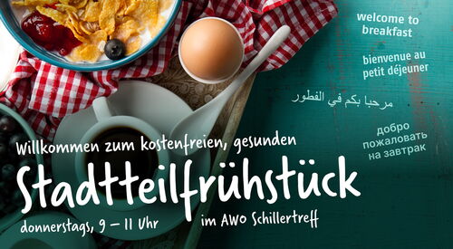Müsli, Kaffee und ein Ei im Eierbecher auf einem Tablett. Text: Stadtteilfrühstück, Zeit und Ort.
