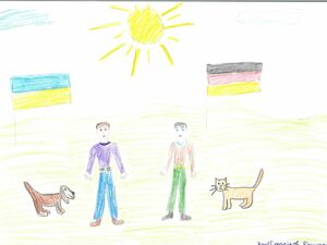 Hier sehen sie ein Bild, gemalt von einem ukrainischen Kind zum Thema Ukraine-Krieg