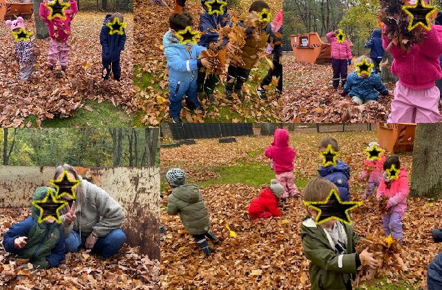 Collage aus 6 Fotos. Alle Fotos mit kleinen Kindern die im Herbstlaub spielen / toben.