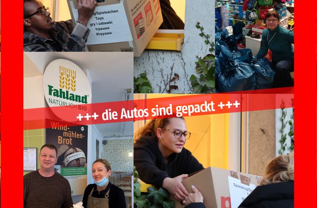 Poster mit Bildern zu Spenden an die Ukraine