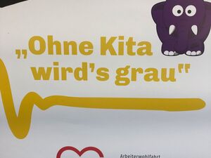 Plakatauszug vom KITA Kollaps. Eine kleiner dunkelblauer Elefan und der Text: Ohne Kita wird es grau