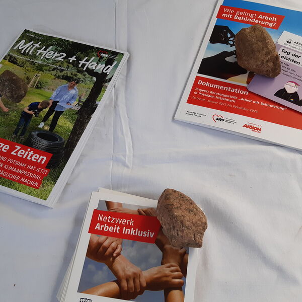 Info-Material, AWO Zeitung "Mit Herz + Hand", Flyer Netzwerk Arbeit inklusiv, Dokumentation "Wie gelingt Arbeit mit Behinderung" und Flyer Einladung zum Tag der leichten Sprache