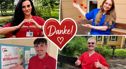 Collage, 4 Fotos von 4 Mitarbeitenden mit guter Laune. Oben 2 Frauen, unten 2 Männer. In der Mitte ein großes Herz darin das Wort: Danke