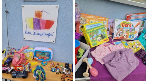 Collage aus 4 Bildern in weißem Rahmen. Bilder von Kinderkleidung, Spielzeig und Kinderbüchern.