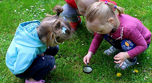 Drei kleine Kinder, 2 Mädchen und ein Junge hocken auf einer Wiese und schauen durch eine Lupe, die das eine Mädchen über das Gras hält
