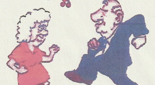 Zeichnung/Karikatur: Frau und Mann beim Schwofen. Eine Note über ihnen symbolisiert Musik.