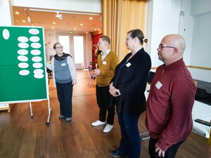 Links: Pinnwand mit Moderationskarten, eine Frau hält die Pinnwand fest. Rechts: 3 Teilnehmende in einer Reihe.