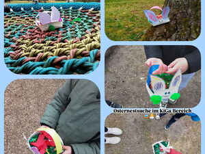 Collage: 5 Bilder. Osternester in den Händen von Kindern, ein Nest an einem Baum versteckt und ein Nest auf eif einer Affenschaukel. Ostereiersuche.