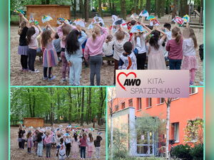 Collage: 3 Fotos. oben:. Kinder von hinten auf einem Spielplatz mit kleinen bemalten Papier-Regenschirmen. Unten links. das gleiche. Unten rechts: Das Gebäude der Kita Spatzenhaus.