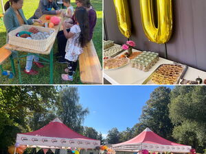 Collage: 3 Fotos, oben Links ein Tisch im Freien an dem gebastelt wird, rechts oben Büfett darüber hängt eine goldene Luftballon 10, und unten außen Gelände, Wiese, zwei mit bunten Luftballons geschmückte Pavillons.